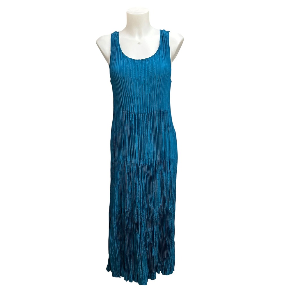 Eileen Fisher Teal Crinkle Knit Sleeveless Midi Dress